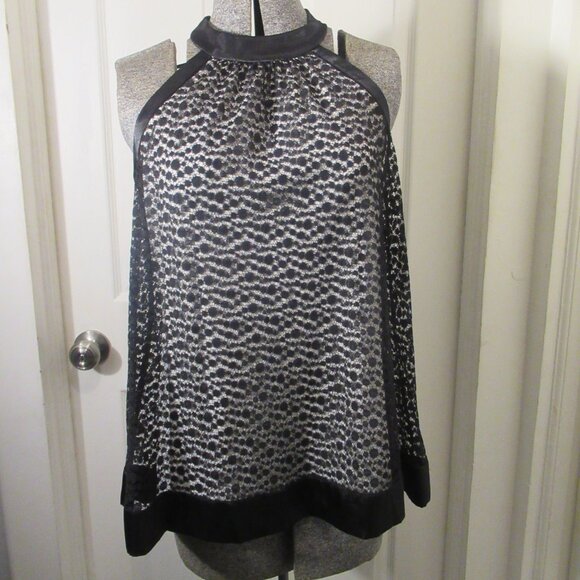 Nicole Miller Black & White Lace Dot Size Small Halter Neck Top Satin Bow Tie - Picture 5 of 14